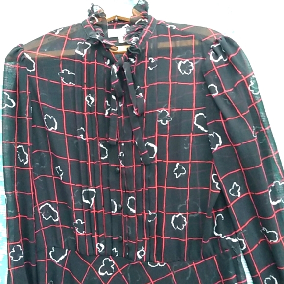 SEXY Sheer Size Large Vintage 70s CIRCLE SKIRT Tied Ruffled Neck Cuffs Dress - Picture 2 of 9